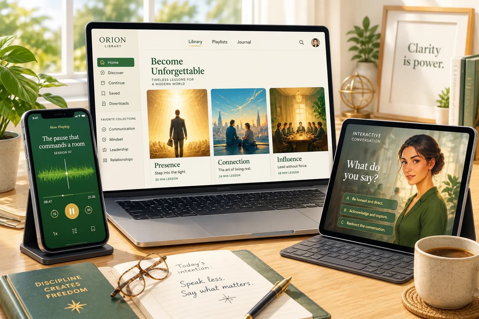 iPhone, iPad and laptop showing Evergrow lessons in sync