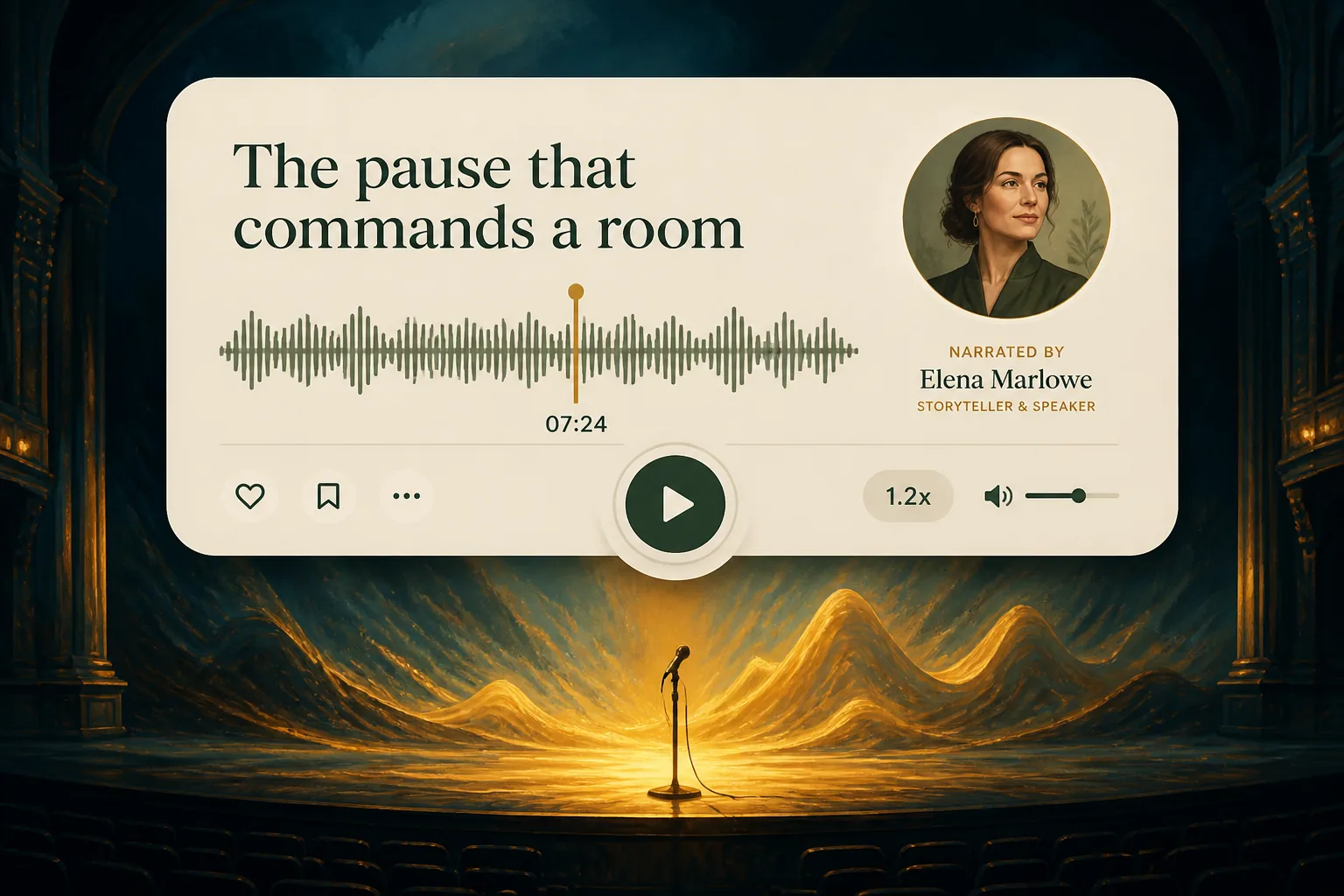Audio session player with waveform, timeline and narrator avatar