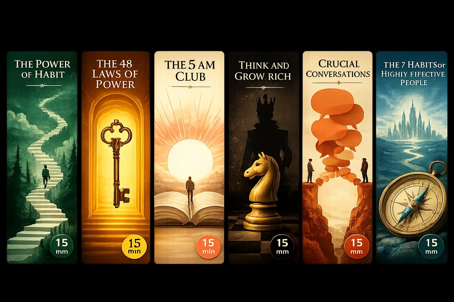 Grid of book summary covers with 15-minute badges