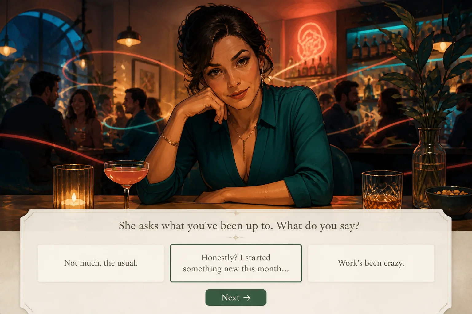 Interactive lesson screen with a scenario question and tappable answer cards