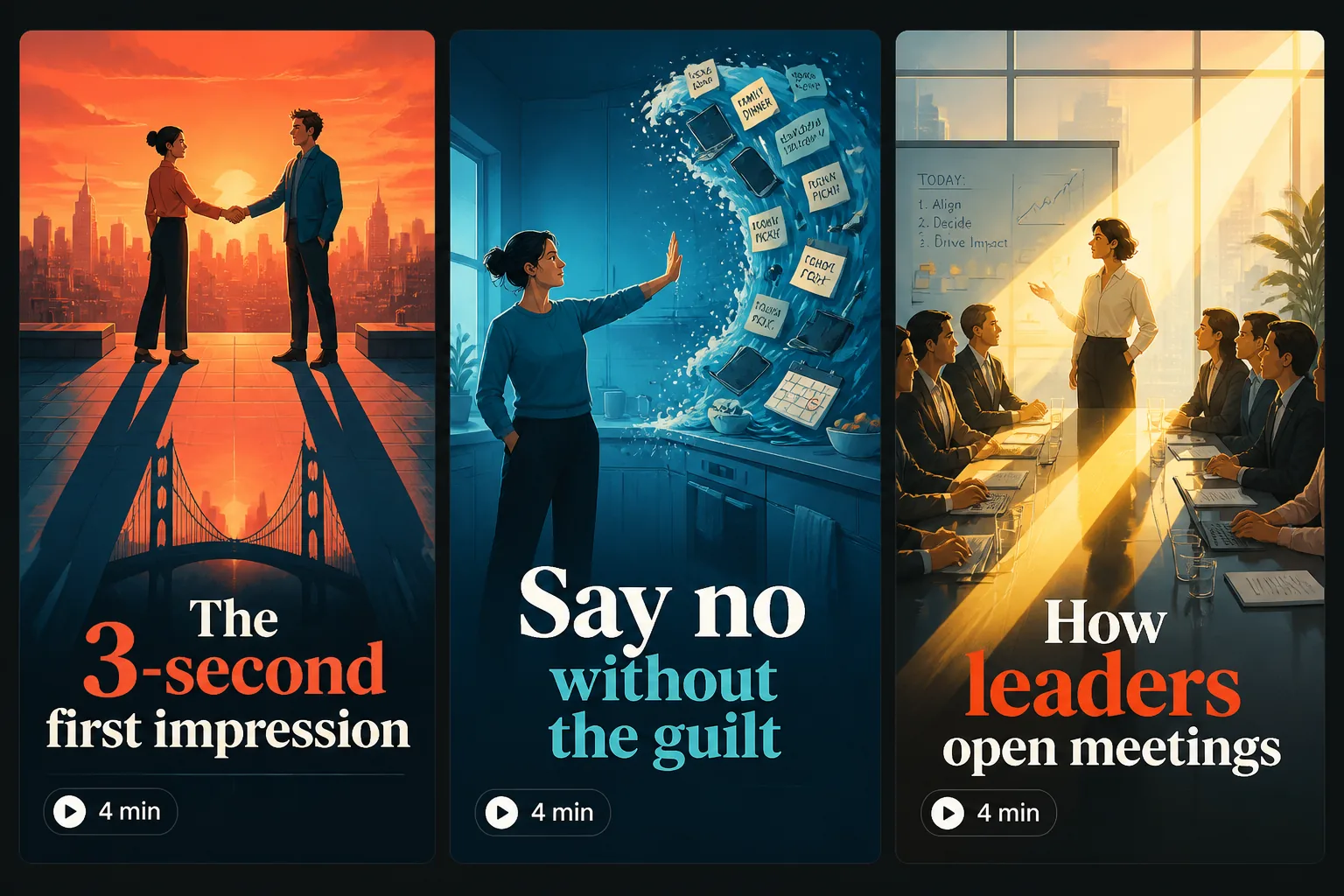 Vertical video story thumbnails with play buttons and duration chips