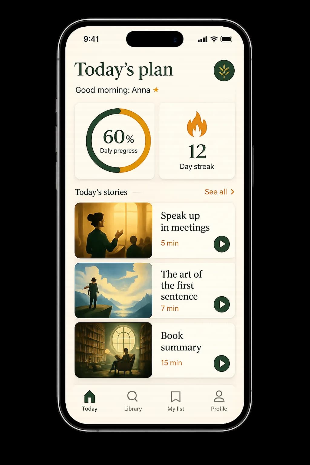 iPhone showing Evergrow's Today's plan screen with a progress ring and lesson cards